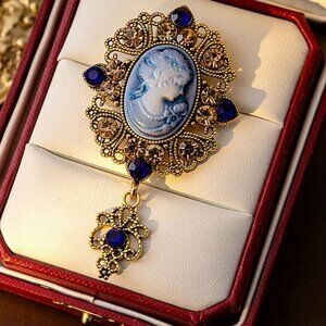 Blue Cameo Brooch Pin/ Antique Gold Tone